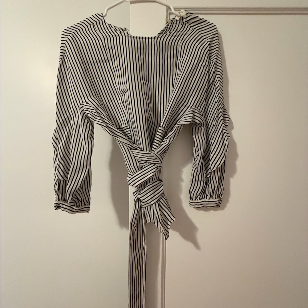Maje Black and White Striped Tie-Front Blouse